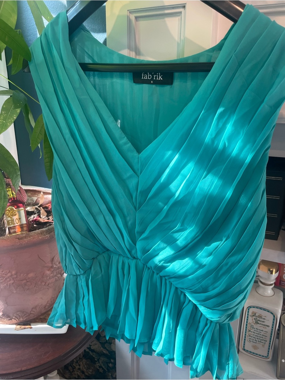 Fab'rik Turquoise Pleated V-Neck Ruffle Hem Blouse
